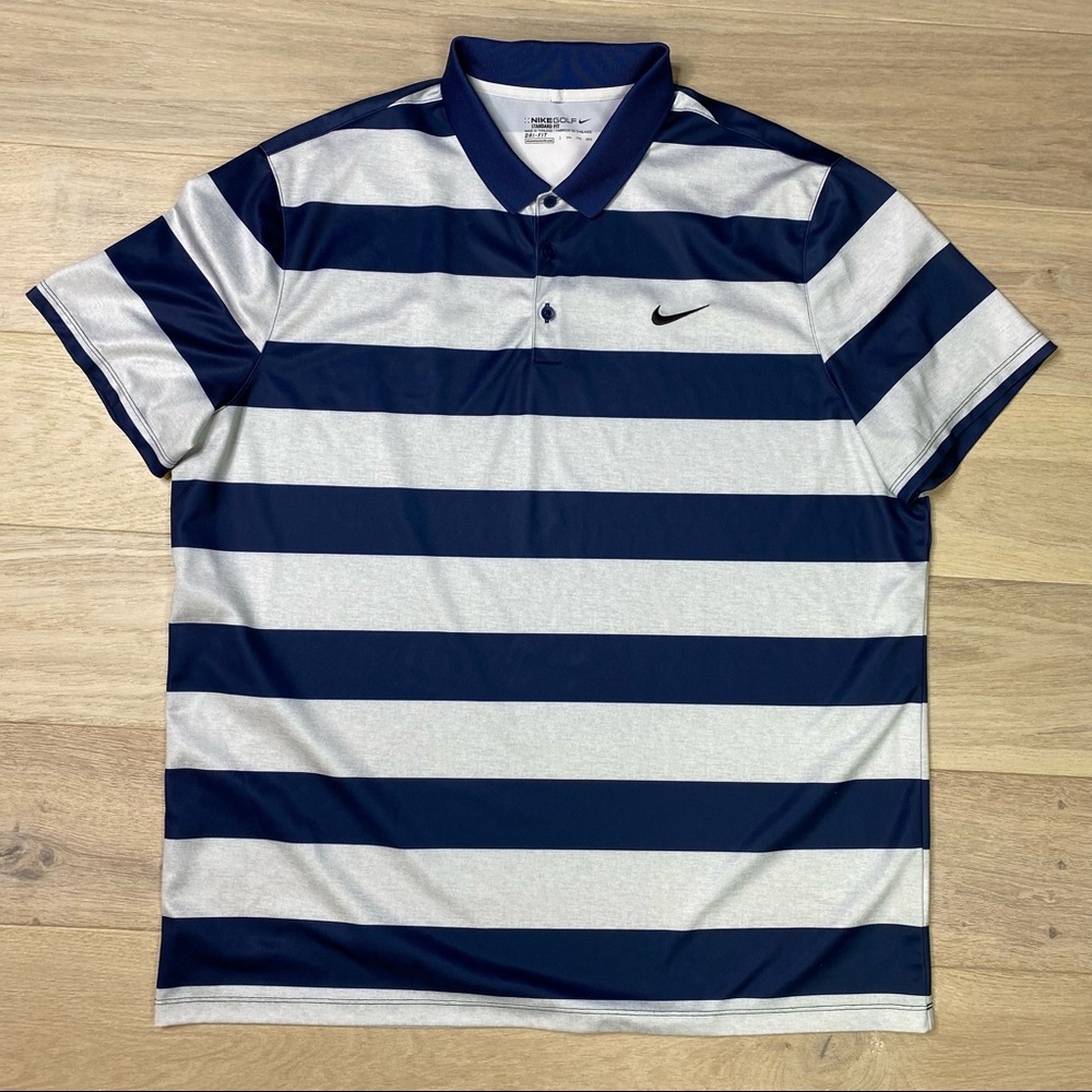 Nike Golf Navy Blue Gray Striped Polo Shirt